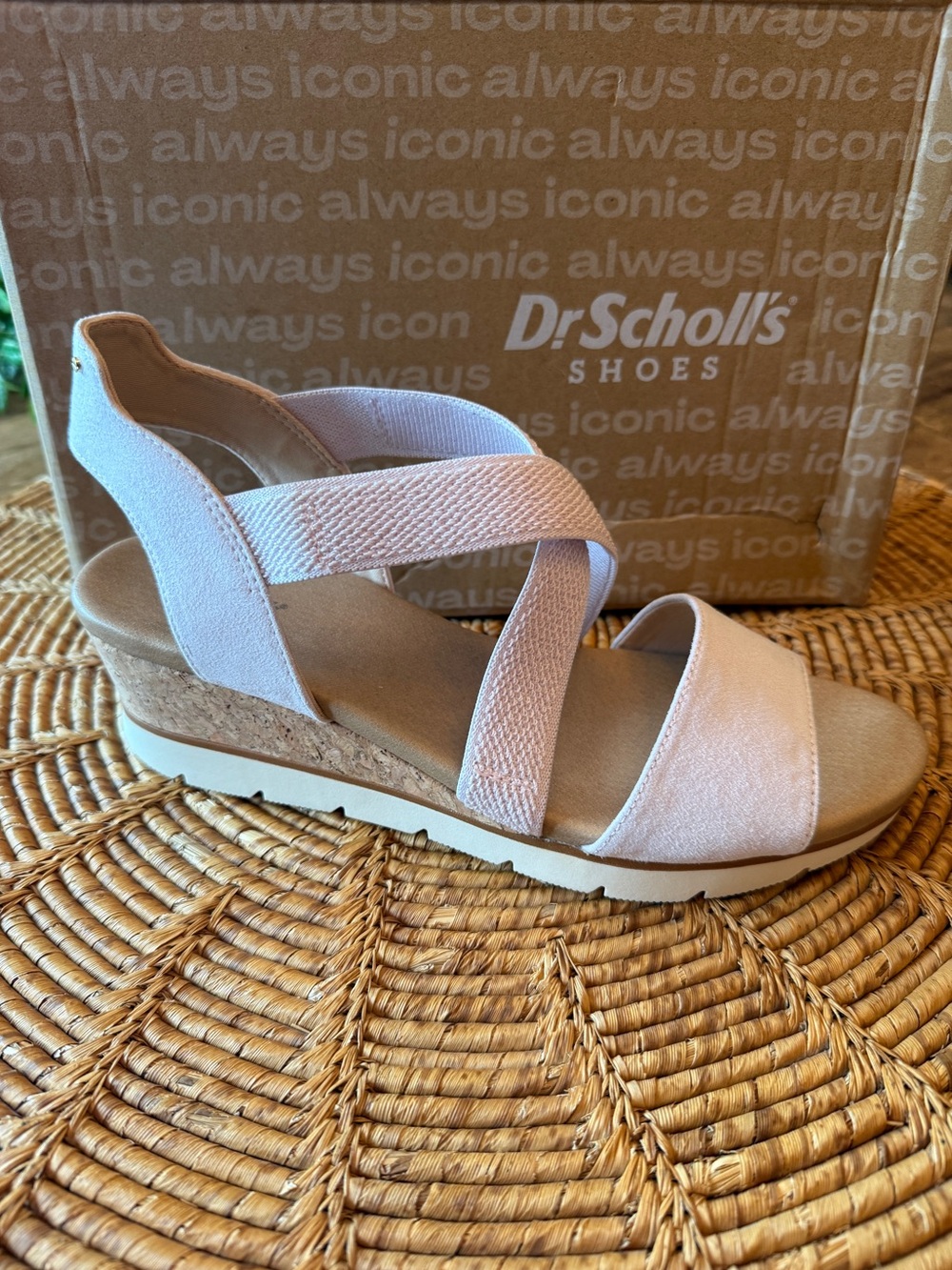 New Dr. Scholl's Lavender Cork Wedge Sandals with Elastic Cross Straps